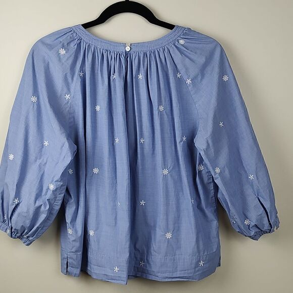 J. Crew The Perfect Embroidered Chambray Cotton Blouse Top Puff Sleeves Size S - Picture 7 of 12